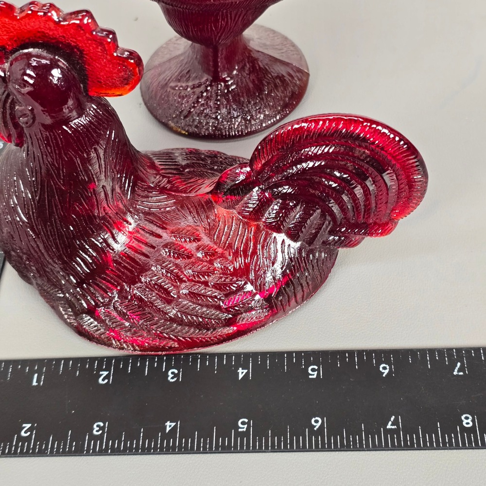 Vintage Ruby Red Slag Glass Rooster Candy Dish Pedestal Covered Compote 2pc - Picture 12 of 14